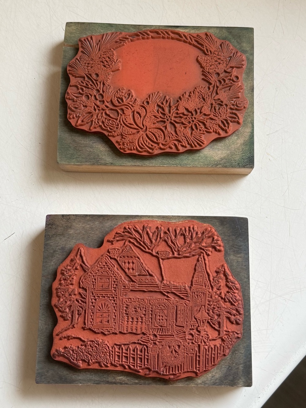 Set of 2 Large Christmas Holiday Snowy Home Wreath Vintage Rubber Stamps